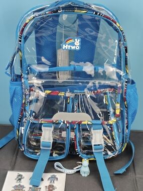 Kids Clear Blue Backpack with Cartoon Trim and Front Buckles
